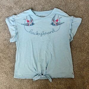 Lucky Brand Blue Short Sleeve Tee with Bird Design Ties at the Bottom Girls XL